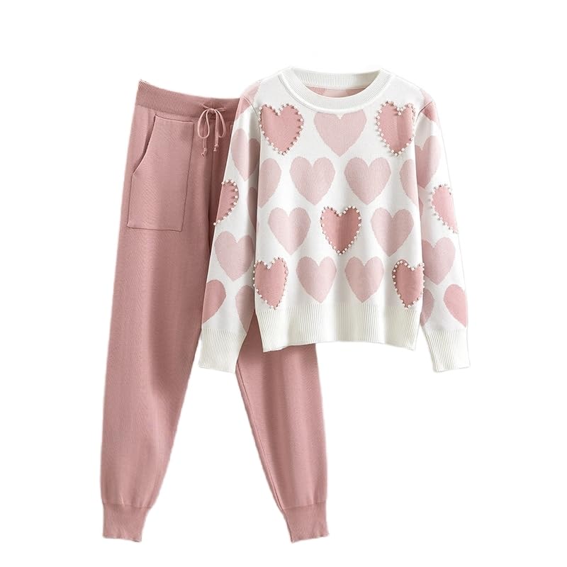 Conjuntos 2 Piezas para Mujer para Salir, Suéter Punto con Corazón Y Cuentas De Cuello Redondo Rosa, Pantalones Jogging Elásticos con Bolsillos, Conjuntos De Ropa Deportiva Informal O