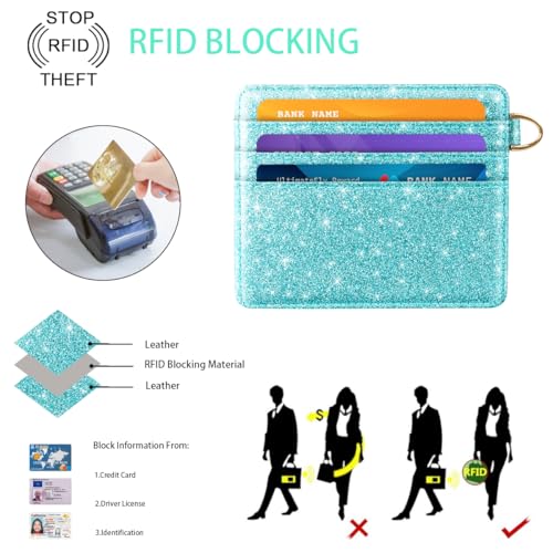 Image of Slim Minimalist Pocket Credit Card Holder Wallet Women | RFID Blocking Lightweight Thin Small Cute Card Cases, Glitter Teal
