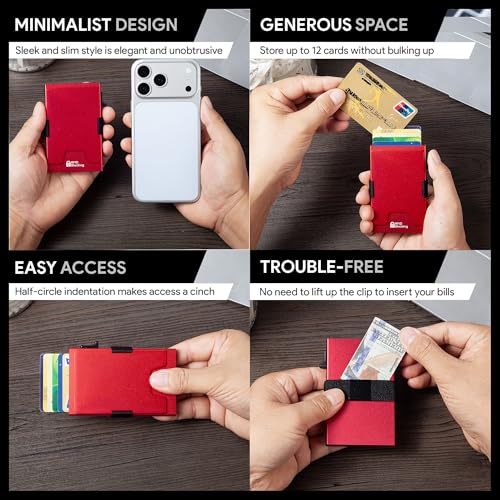 Image of Minimalist Mens Card Holder Wallet, RFID Blocking Slim Smart Pop Up Aluminum Wallet,Holds 12+ Cards,Expandable Compact Plate,Cash Strap /Money Clip (Red)