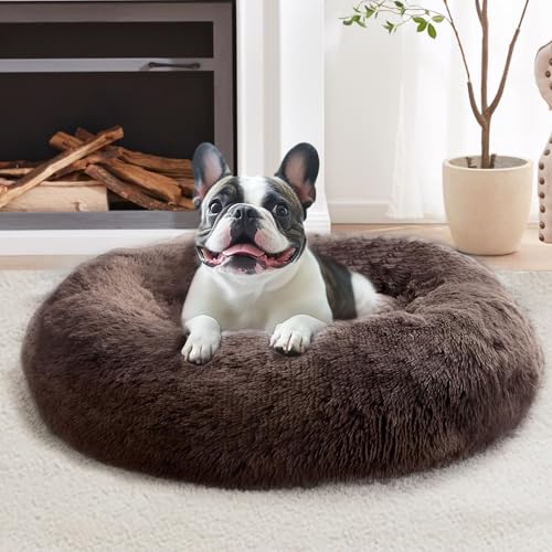 Image of JOLLYVOGUE Calming Dog Beds Large Sized Dog, 36in Donut Washable Large Pet Bed, Anti-Slip & Anti-Anxiety Fluffy Faux Fur Round Dogs Bed, Fits up to 80 lbs Pets (Chocolate)