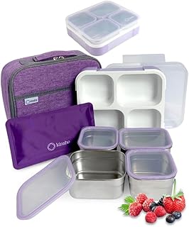 Stainless Steel Bento Lunch Box for Adults Kids with Ice Pack Insulated Lunch Bag, Leak-Proof Snack Boxes, Metal and Plastic Portion Control School Lunch Containers, 4 Compartments, 36 oz Lilac Purple