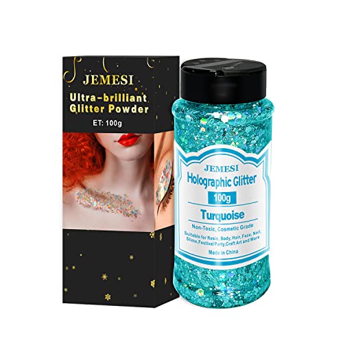 Holographic Chunky Glitter, Türkis 100g Chunky Pailletten Glitter, Craft Glitter für Harz, Gesicht, Nagel, Körper, Slime, Festival Party Art