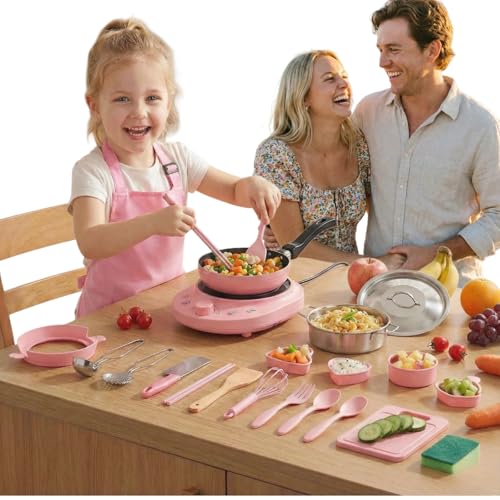 Mini Juego de Cocina para niños、24 Juguetes con Estufa eléctrica Funcional y Utensilios de Cocina de Acero Inoxidable Seguros. Kit de Cocina para Principiantes (Pink)