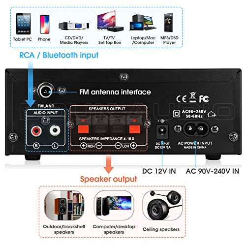 Bluetooth Amplifier 2.0-Channel Amplifier Stereo Receiver Car Amp MIC SD/USB Player FM Radio Karaoke for Home/Car Speaker - Image 2