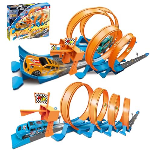 LTFIOON Autorennbahn für Kinder, Auto Spielzeug mit 4 Looping Tracks und 2 Spielzeugauto, Looping Twister Set, Bahn Track Builder, Autorennbahn Bauset für Kinder ab 3 4 5 6 7 8 Jahre (A)