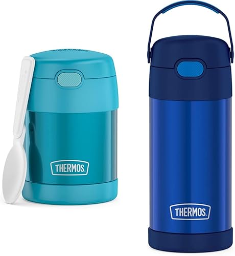 THERMOS FUNTAINER - Tarro de comida para niños de acero inoxidable aislado al vacío de 10 onzas con cuchara plegable, verde azulado y THERMOS