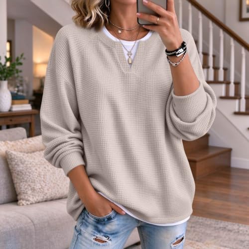 Women's Waffle Knit Tops Faux Layered V Neck Henley Tops for Women | Waffle Knit, Thermal Warm, Relaxed Fit, Drop Shoulder, Smart‑Casual, Long Sleeve, Fall Winter, Ribbed Texture, Oversized - image 2