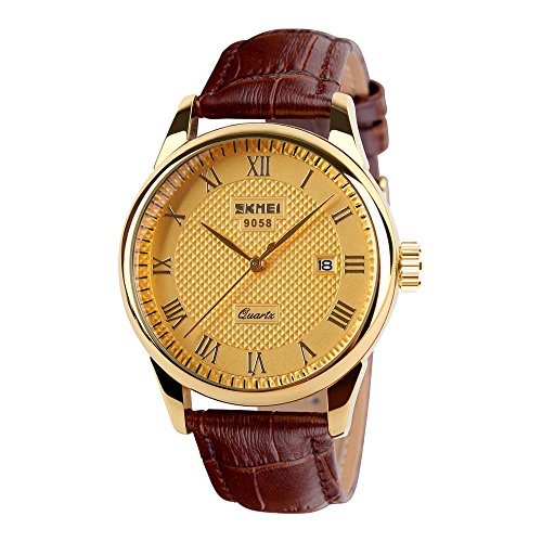 CakCity Men's Leather Strap Watches Business Analogue Quartz Waterproof Wrist Casual Watch with Leather Band,Roman Numeral