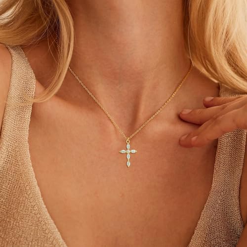 Cross Necklace for Women, 14k Gold Cross Necklaces for Women Trendy Dainty Gold Necklace Pearl Diamond Cross Pendant Necklaces Religious Christian Baptism Faith Jewelry for Woman3
