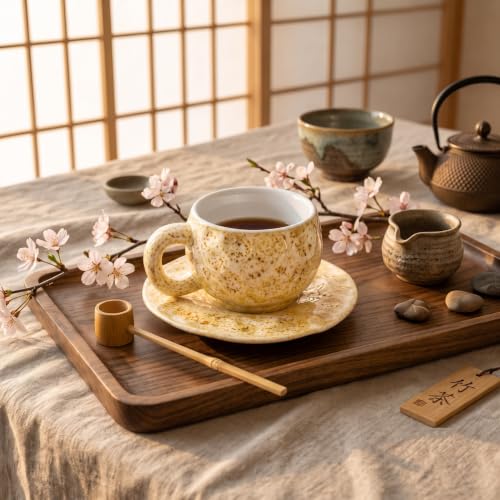 Image of NYRWANA Japanese Style Vintage Ceramic Coffee Cup & Saucer Set with Handle, 250ml Fancy Latte Art Tea Cup for Coffee, Tea, Mugs for Present, Anniversary, Wedding, Marriage Gifts for Couples