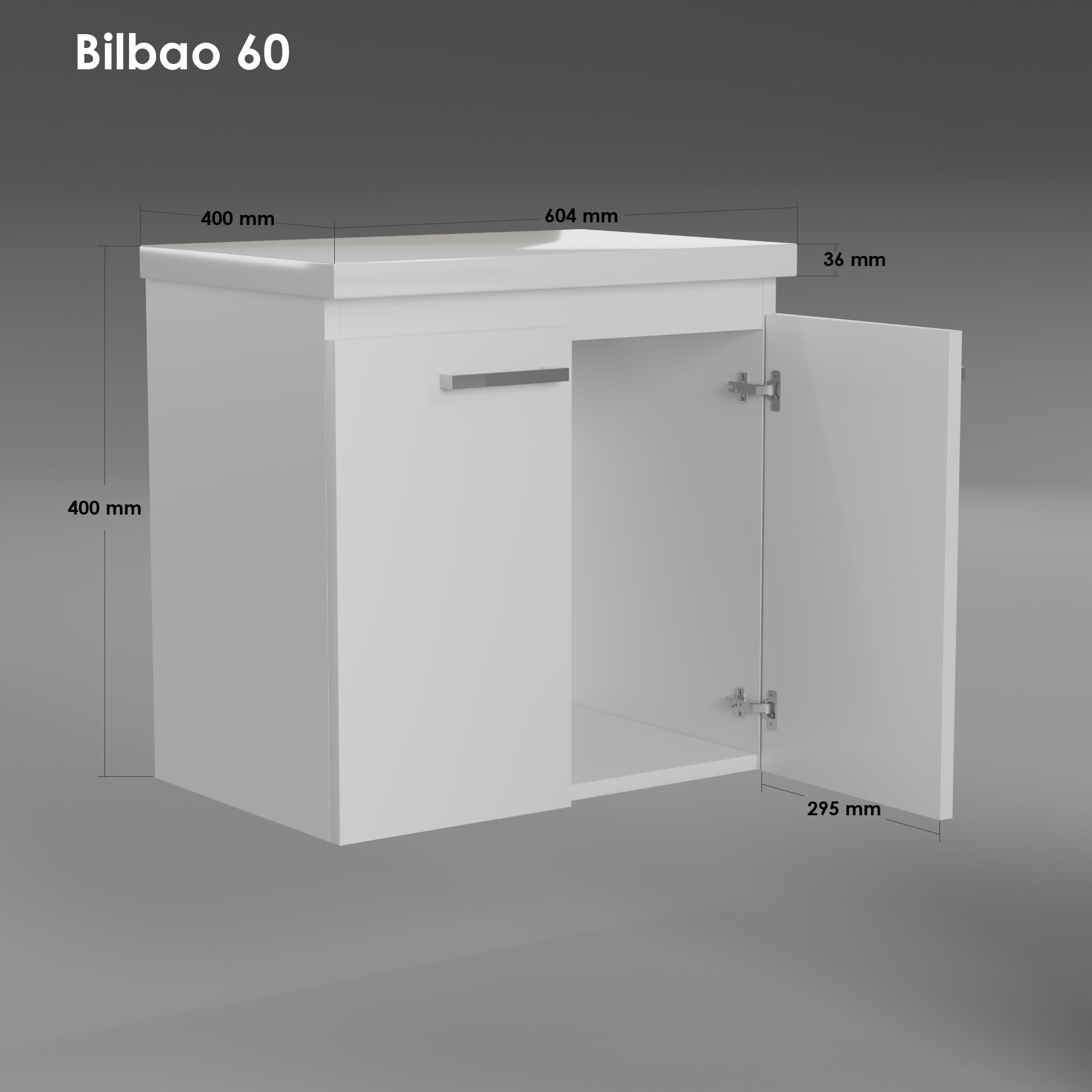 Armario de baño con accesorio Bilbao Top (ancho x profundidad x alto) 61,5 x 40 x 58 cm, armario para lavabo, armario inferior con encimera, armario bajo lavabo blanco
