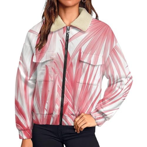 Chaqueta de peluche para mujer con cremallera y estampado de hojas de palma