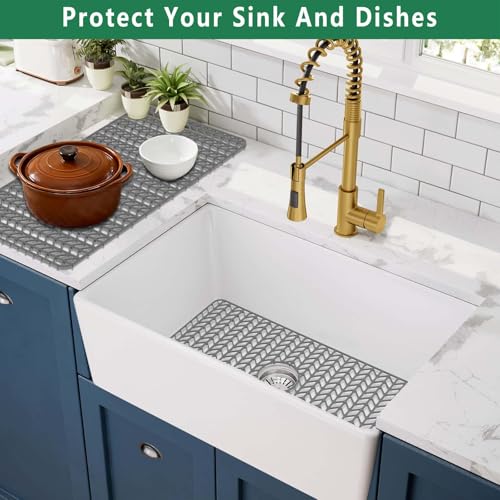 Image of GUUKIN Sink Protectors for Kitchen Mat - 29.7 inchx15.5 inch Silicone Kitchen Sink Mat Grid for Bottom of Farmhouse Stainless Steel Porcelain with Center Drain(Grey)