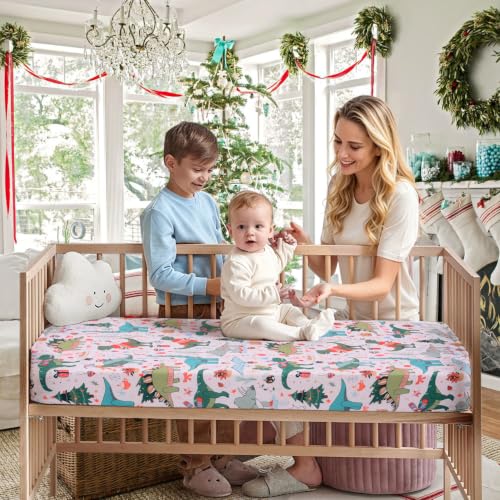 Image of JISEN Christmas Fitted Crib Sheets for Boys Girls 52x28 Inch Dinosaurs Pink