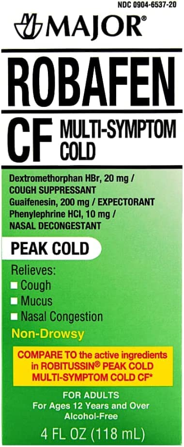 MAJOR Robafen CF Multi-Symptom Peak Cold Cough Syrup for Congestion and Mucus Relief, Alcohol-Free, Non-Drowsy - 4 fl oz (1 Pack)