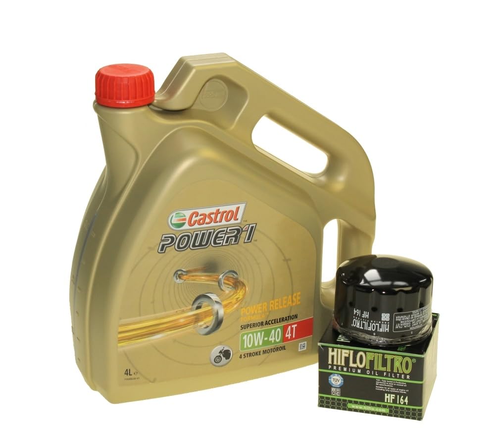 Set para cambio de aceite, 4 litros, Castrol, SAE 10 W-40 Power 1, 4T, incluye filtro de aceite HiFlo HF164, p. ej., F 650, K 1200, R 1200, K 1600
