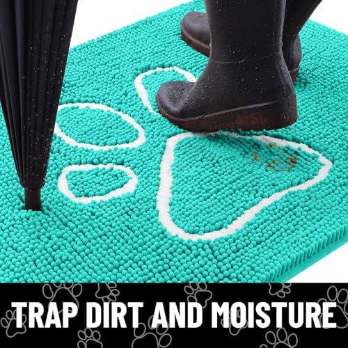 Image of Smiry Dog Door Mat for Muddy Paws, Absorbent Dirt Trapper Non Slip Quick Dry Washable Chenille Mat for Mud Dogs, Entry Rug for Indoor and Outdoor (36x24 Inches, Turquoise and White)