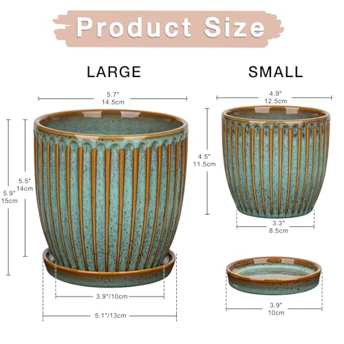 Oairse Set of 2 Ceramic Plant Pots 13CM 15CM Green Ceramic Planter with Drainage Holes and Saucers Decorative Stripe Plant Pots Indoor Modern Flower Pots for Succulent Cactus Orchid House Plants - Image 4