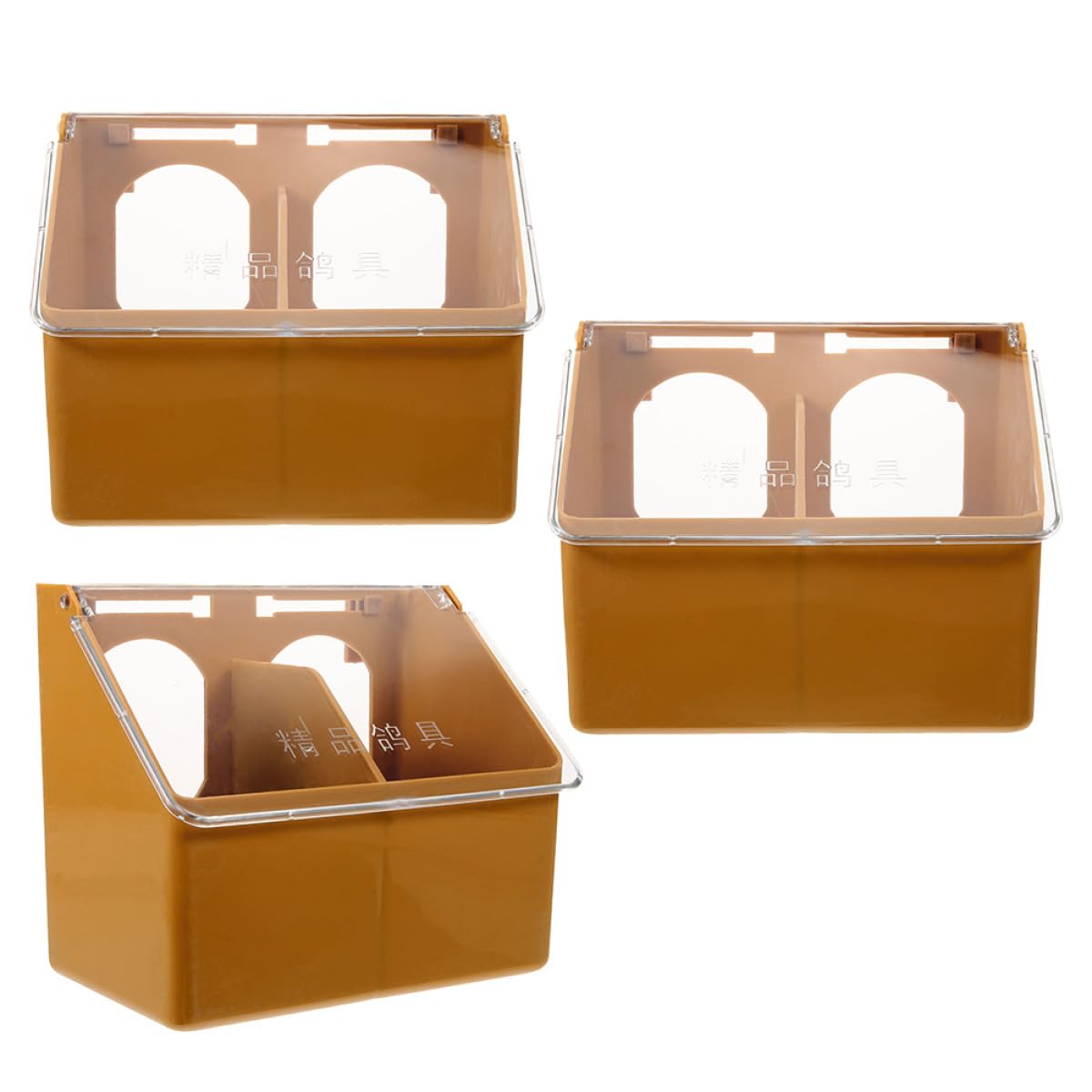 Lot de 3 Mangeoires Suspendues pour Cage à Oiseaux, Plastique Solide, Compartimentées à Deux Trous, Couleur Marron, Grosse Capacité, Distributeur de Nourriture pour Perruches