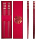 2 Pairs Chopsticks-Reusable for Wedding, 9.45inch/24cm Matte Non-Slip Family/ Hotel/ Restaurant Fiberglass Chop Sticks, Chinese/Japanese ChopStick with Gift Set, Chopsticks Square Red