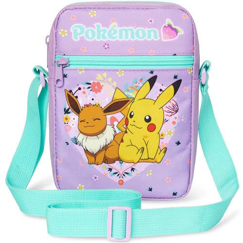 Pokemon Crossbody Bag for Kids Small Shoulder Bag for Travel Pikachu Gengar Eevee Anime Gifts for Girls (Purple/Multi)