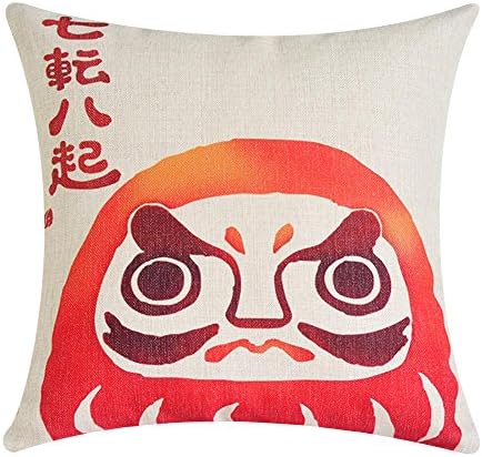 MR FANTASY Cotton Linen Cushion Cover Throw Pillow Case Japanese Daruma Doll for Home Office 18X18in