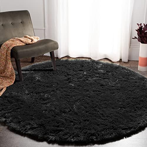 ONASAR Soft Round Area Rug for Bedroom,4 ft Black Circle Rug for Nursery Room, Fluffy Carpet for Kids Room, Shaggy Floor Mat for Living Room, Furry Area Rug for Baby, Teen Room Decor for Girls Boys
