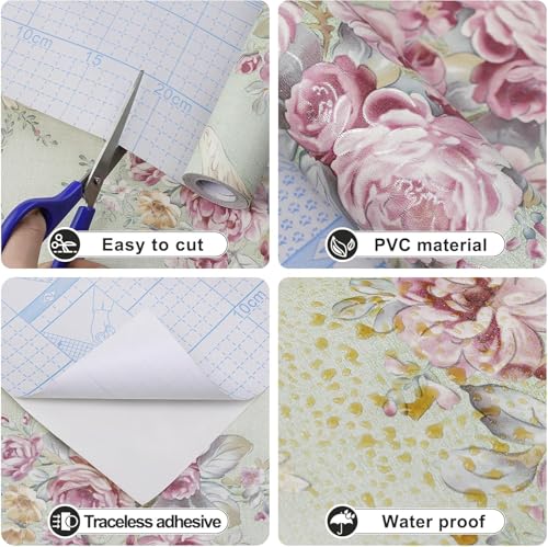 Image of Green Pink Rose Flower Peel and Stick Wallpaper-Vintage Rose Damask Self-Adhesive Wall Decal,Waterproof & Removable PVC Wallpaper for Bedroom, Living Room,Furniture Renovation (45cm x 300cm)