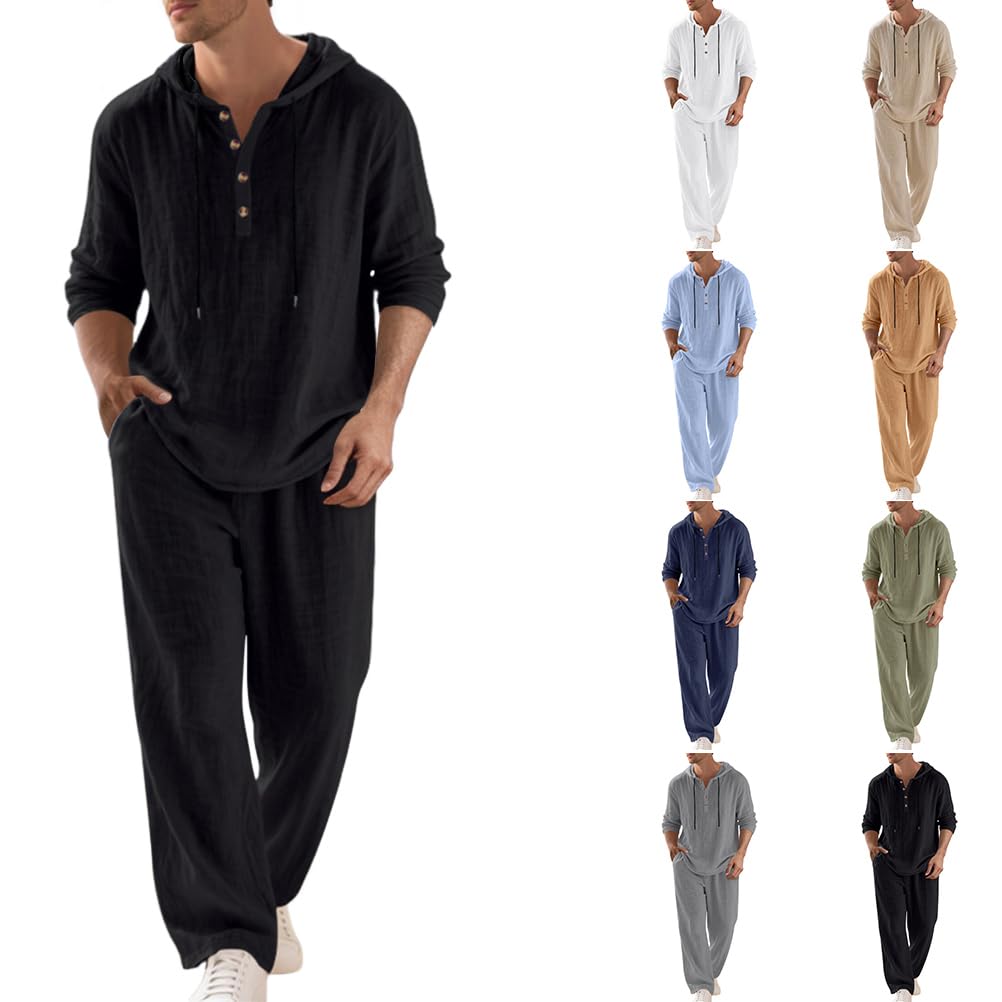 Homme Ensemble en Lin 2 Pièce Chemises T-Shirt à Capuche Hoodie à Manches Longues et Pantalons Ensembles Décontracté Mode Survêtement