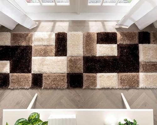 Image of Handwoven 3D Pattern Shag Area Rug Runner, 2x6 Feet, Beige /Brown /Ivory
