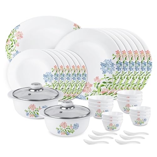Image of Cello Opalware Regal Series Peach Bloom 35 Pieces Dinner Set | Opal Glass Crockery for 6 | Bone Ash-Free | Lightweight, Elegant White Plate & Bowl Set | Opal Glass Dinner Set for Daily Use & Gifting