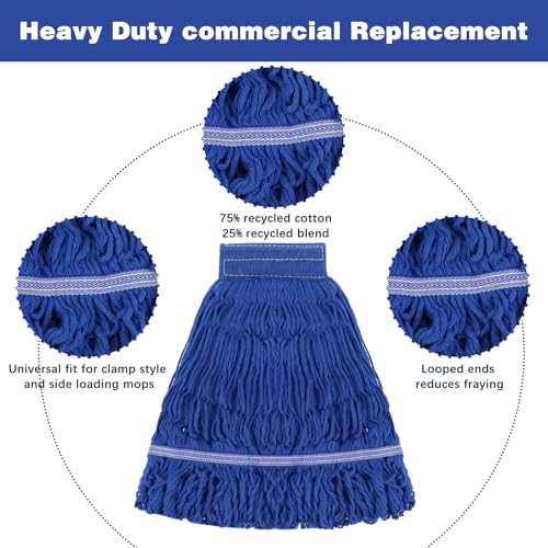 Image of 4 Pack Reusable Cleaning Heavy Duty Mop Heads Commerical Replacement Mop Heads Suitable for Heavy Commercial Industrial Residential Areas -Blue Cotton Looped Replace Mop Head (Deep Blue)