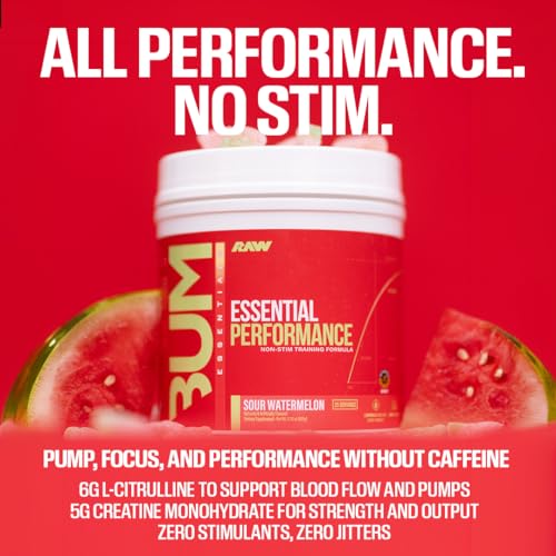 Image of RAW Essential Performance Non-Stim Pre-Workout Powder - Preworkout for Endurance Strength & Focus without Caffeine or Stimulants - Creatine Monohydrate, L-Citrulline & Beta Alanine- Champion Mentality