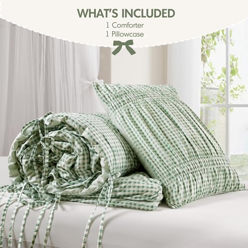Image of Intelligent Design Ruched Shabby Chic Green Twin XL Comforter Set, 2pc | Girls Dorm Gingham Bedding Set, French Country, All Season Down Alternative, Cozy, Machine Washable, Lightweight, Breathable