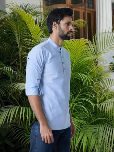 Image of See Designs Men's Roll-Up Sleeve Mandarin Collar Cotton Solid Short Kurta (Pack of 2) - Festive Collection