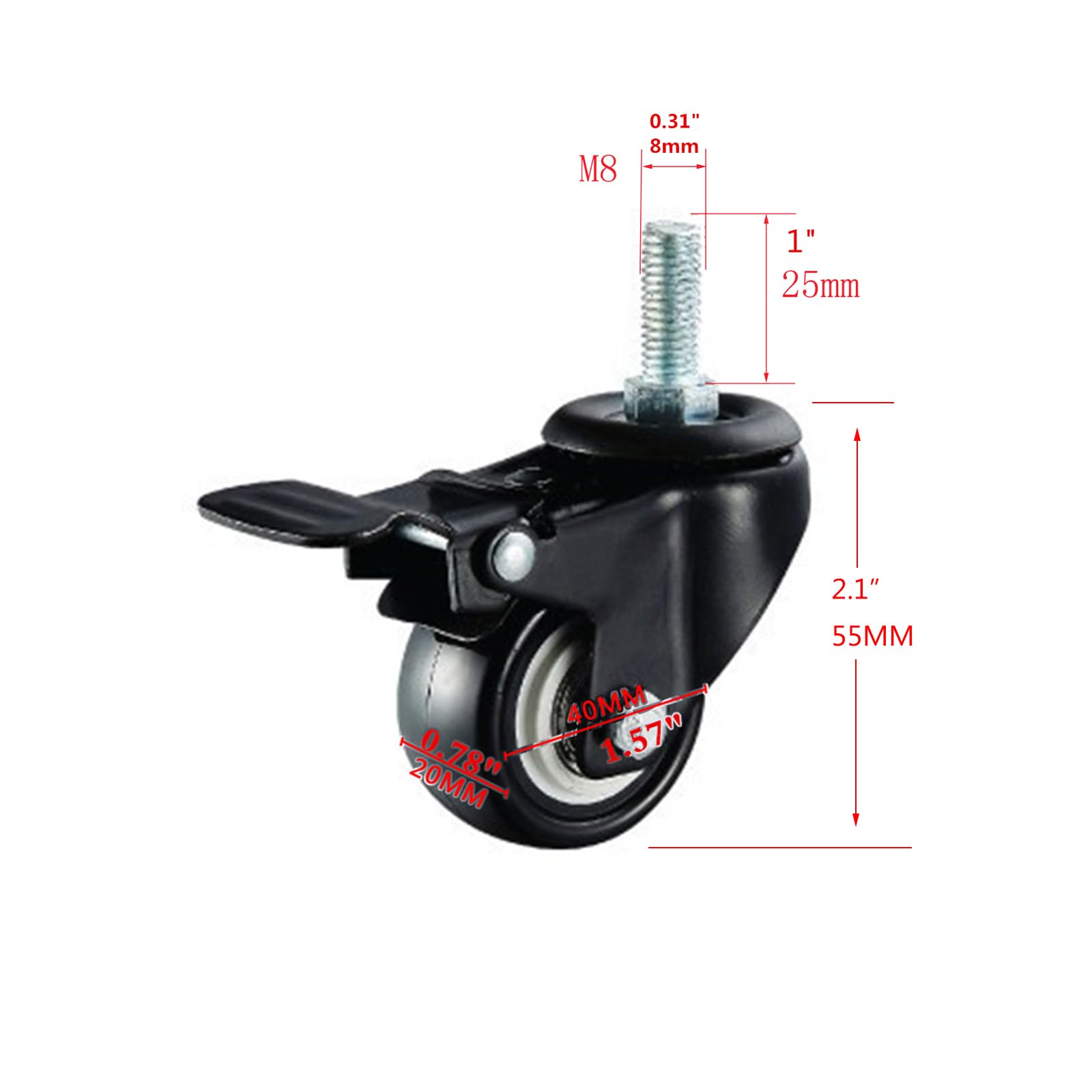 Schwerlast-Lenkrolle mit 3,8 cm Gewindestange, M8 x 25 Mutternabstandshalter, für Einkaufswagen, Werkbänke und Möbel (mit Bremse, 4)