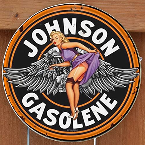 Baby Kleidung Weant Johnson Gasoline Pinup Girl Round Metal Tin Signs, Vintage Wall Decor Retro Art Tin Sign Funny Decorations For Home Bar Pub Cafe Farm Room Metal Posters 12 Inch Diameter #TOP2