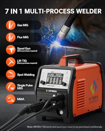 Image of HITBOX Aluminum MIG Welder Welding Machine, 200A 110V 220V Gas & Gasless MIG Welder Machine, 7 in 1 Multi Process Welding Machine with MIG /Stick /Lift TIG /Spot /Spool Gun