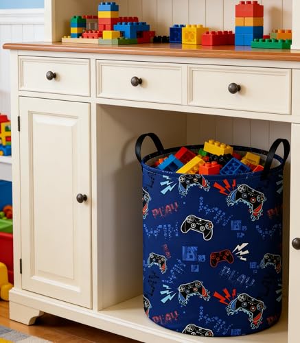 Image of Game Laundry Basket Baby Hamper Dirty Clothes hamper Baby Nursery Hamper Gift Baskets Toy Storage Bin Boy Room Decor(Blue Games)
