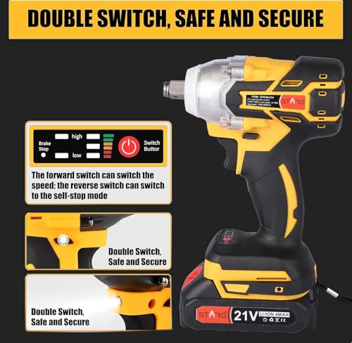 Image of STARQ Heavy Duty 21V Cordless Impact Wrench with 2 Batteries | 2 Variable Speed | Build-In LED Lights | Forward & ReverseSwitch | Yellow