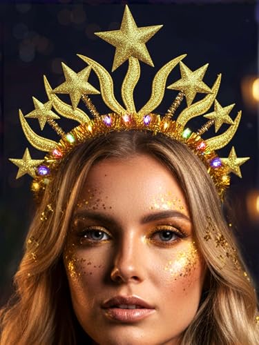 Formery ライトアップ スター ヘッドバンド ゴールド LED 太陽 女神 ヘイロー クラウン グリッター 炎 ヘアアクセサリー 女性用