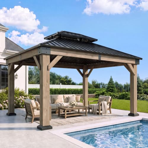 Aoxun 12' x 14' Wood Gazebo with Double Steel Roof