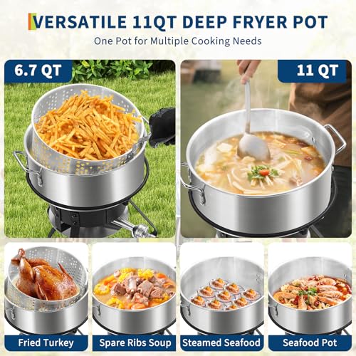 Outdoor Propane Deep Fryer with 58,000 BTU Cast Iron Burner, 11 QT Round Fish Fryer & 6.7 QT Basket, Heavy Duty Steel Rack for Backyard, Camping, Tailgating, Black