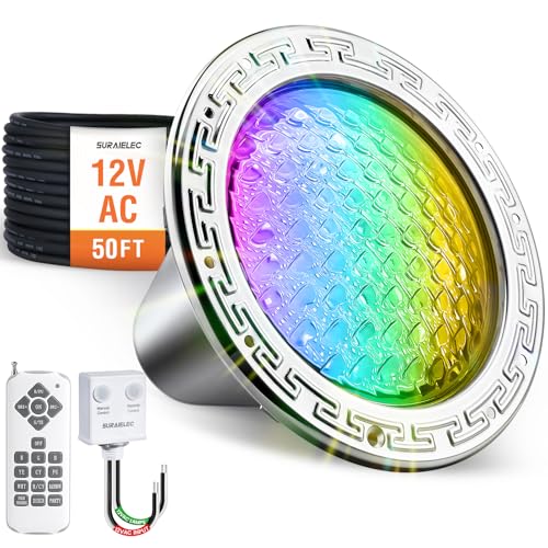 SURAIELEC 10' LED Pool Lights for Inground Pool, 12V AC Waterproof Color-Changing Pool Light with Remote, 300W Equivalent, RGB Colors & Dynamic Effects, Fits Pentair, Hayward, Jandy Niches, 50 Feet