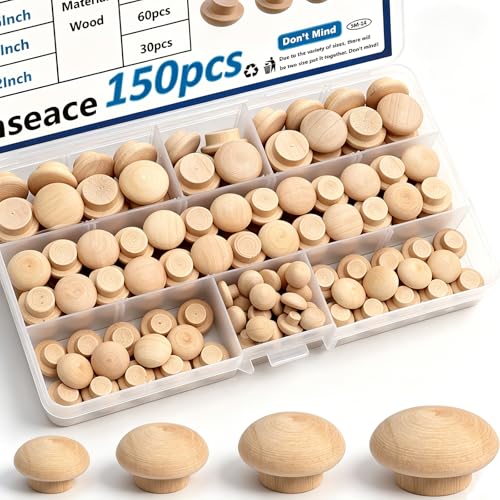 smseace 150Pcs 4-Sizes Button Wood Plugs 3/16 5/163/81/2 Wooden Hole Plugs for Holes in Furniture/Table and Chair Legs/Cabinet Reserved Holes/Outdoor Equipment Wood Plugs Assortment Kit