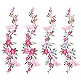4 pcs Flower Butterfly Embroidery Patches, Long Floral Iron on Appliques Butterfly Flower Embroidered Iron On Patches for Clothes Dresses Decorative DIY Craft Sewing