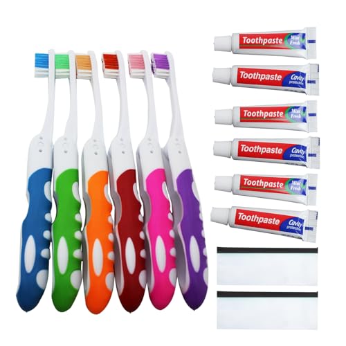 hommova 6PCS Portable Travel Toothbrush Set Folding Toothbrush with 6 Toothpaste and Storage Bag