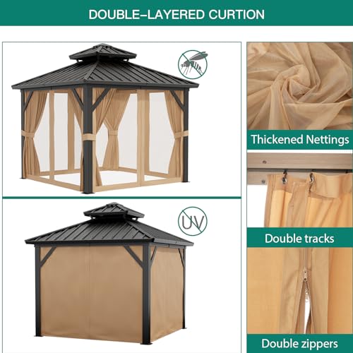 10x10ft Hardtop Gazebo, Aluminum Double Roof Gazebos with Netting and Curtains, Outdoor Permanent Gazebo for Garden, Patio, Backyard, Deck, Lawns (Brown, 10x10 FT)