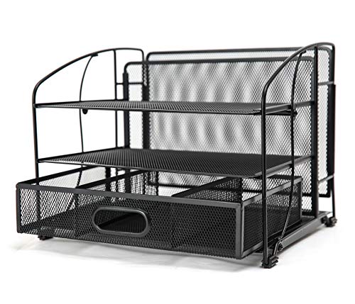 Exerz Mesh Desk Organizer Office Supplies 3 Trays/Desktop File Holder with Sliding Drawer and Hanging File Holder/Vertical Upright Section for Office Home Multifuntional - Black
