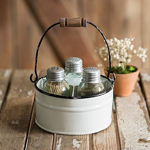 Attractive and Graceful Round Bucket Salt Pepper and Toothpick Shakers Caddy Set - White. Rustic Farmhouse Table Decor, Vintage Home Decoration, Restaurants and Gift Cover